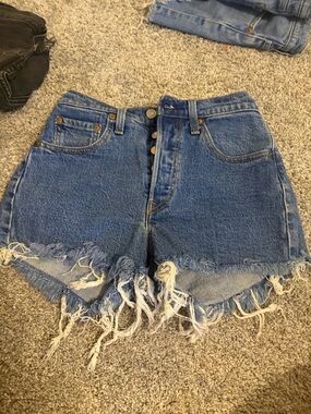 Levi's Blue High-Rise Distressed Button-Fly Denim Shorts